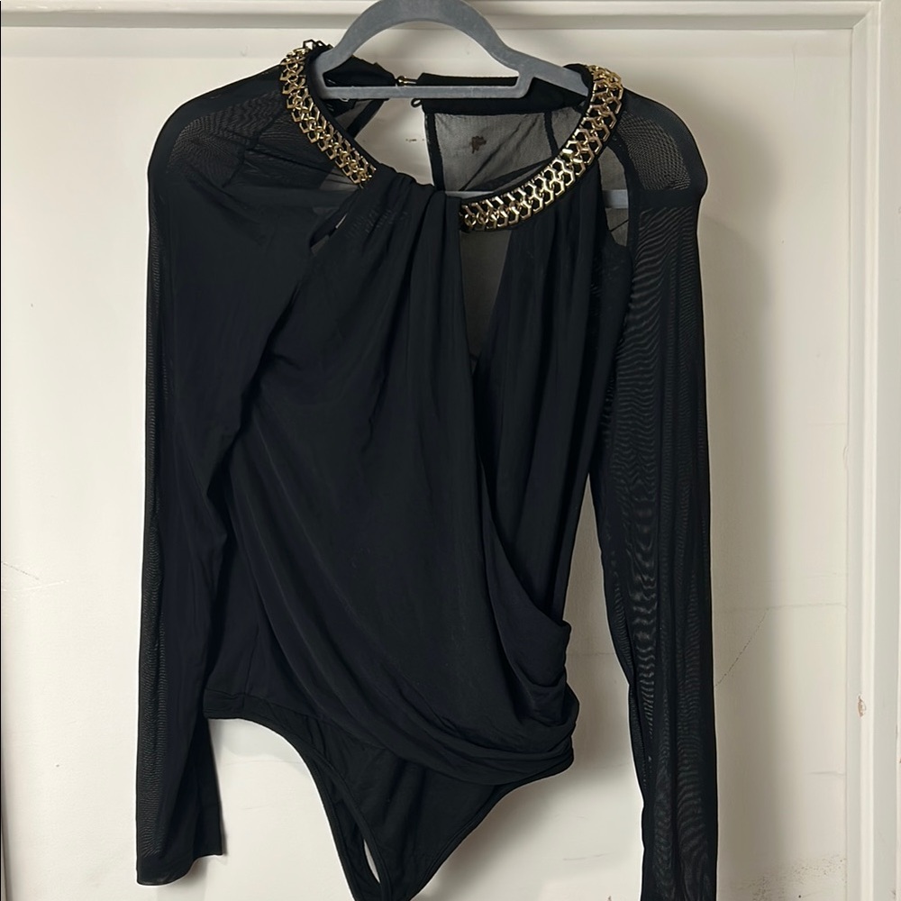 Chic Black Long Sleeve Bodysuit with Gold Chain Detail